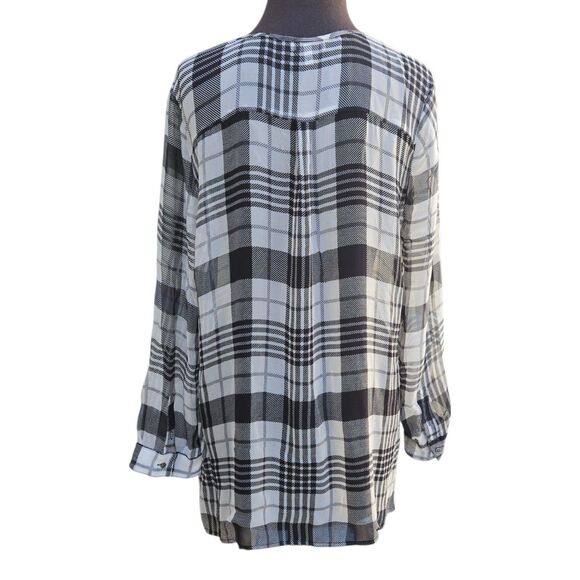 Joie Black Sheer Silk Puff Sleeve Blouse Top Career V Neck Plaid Peasant Med - Picture 2 of 8